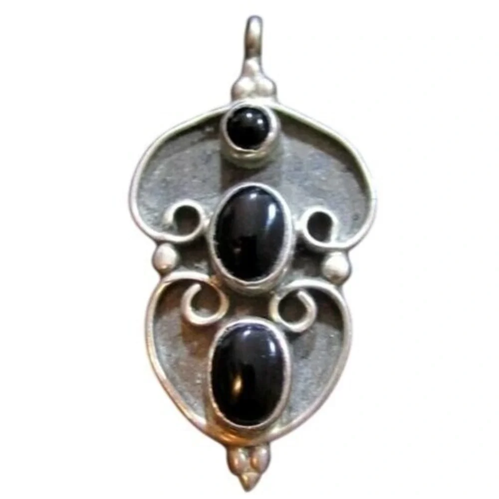 Vintage Ornate Black Onyx‎ Sterling Silver 925 Necklace Pendant*4.8g*38mm